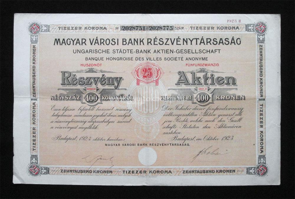 Magyar Városi Bank részvény 25x400 korona 1923 október